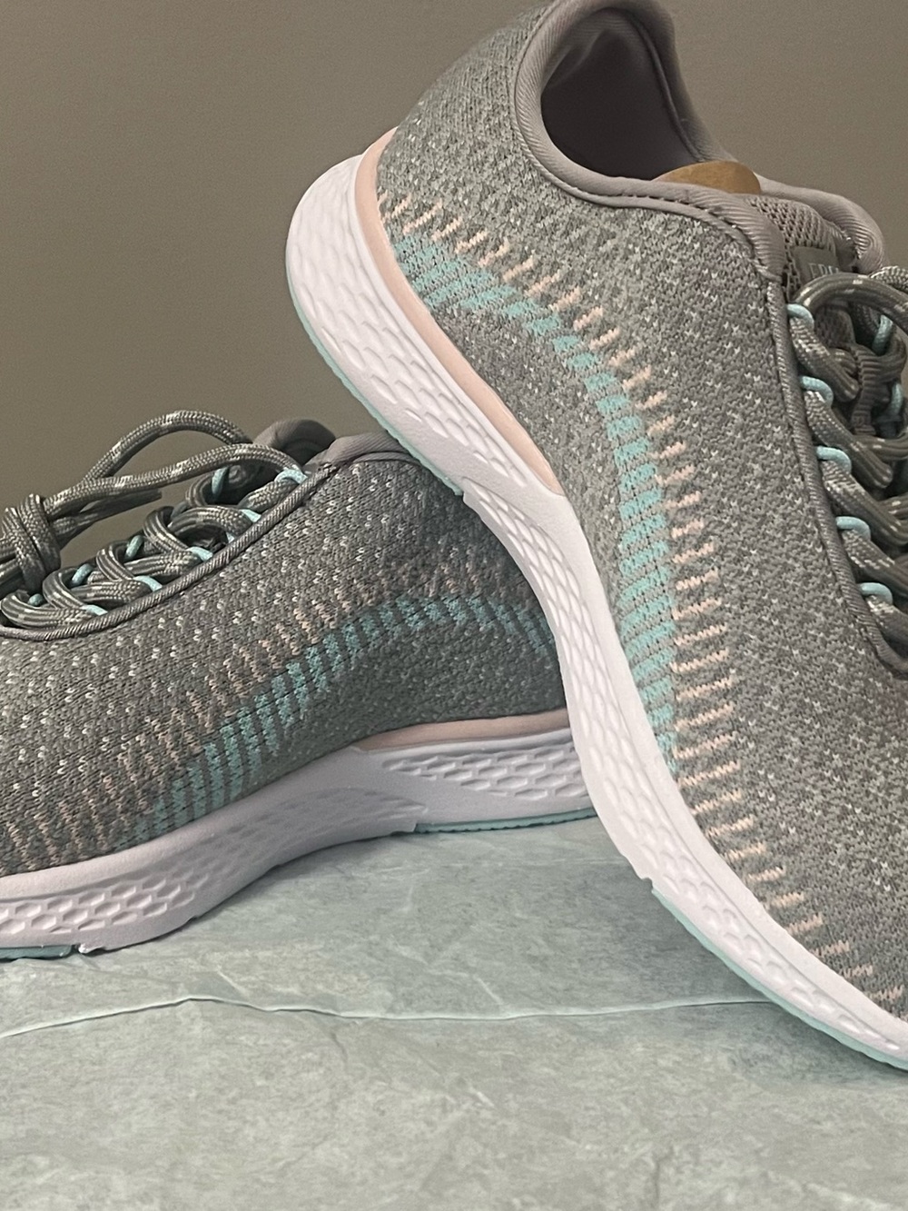 Kids Gray Knit Sneakers with Mint and Blush Accents